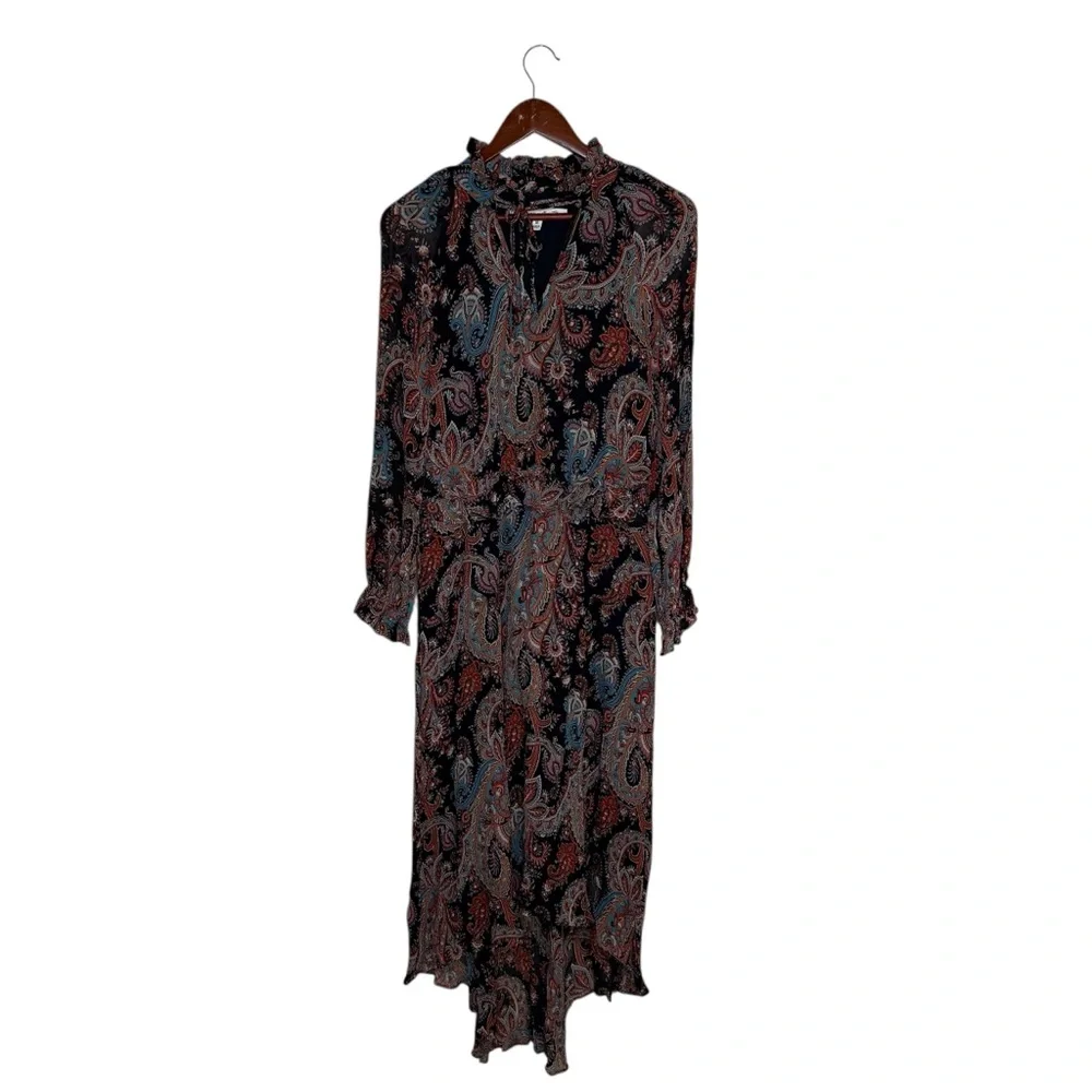 Banana Republic X Olivia Palermo Paisley 100% Silk Dark Boho Midi Dress Witchy - Picture 3 of 13
